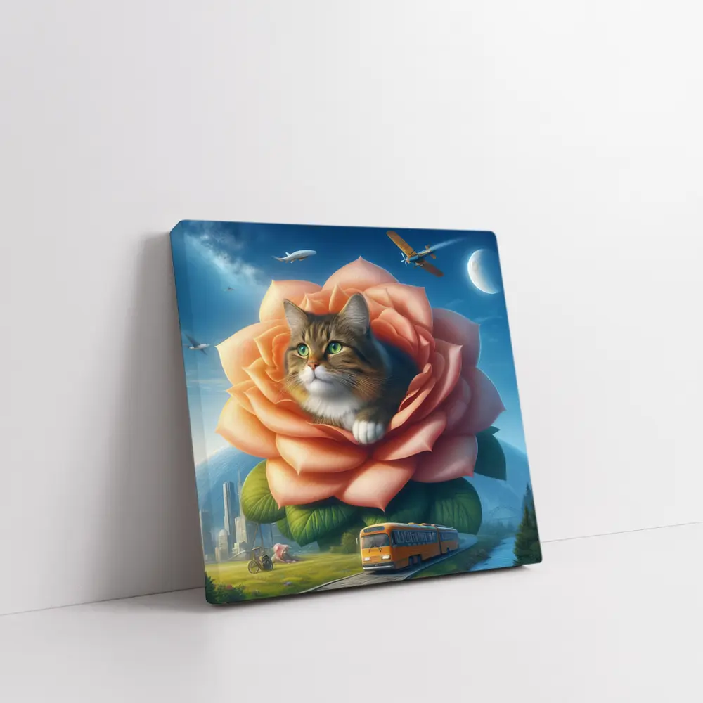 Cat Resting Inside Giant Rose Surreal Sky – Wall Art