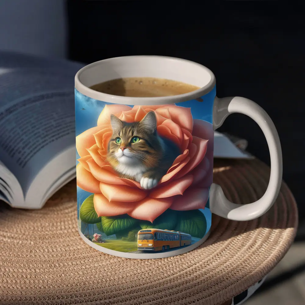 Cat Resting Inside Giant Rose Surreal Sky – Mugs