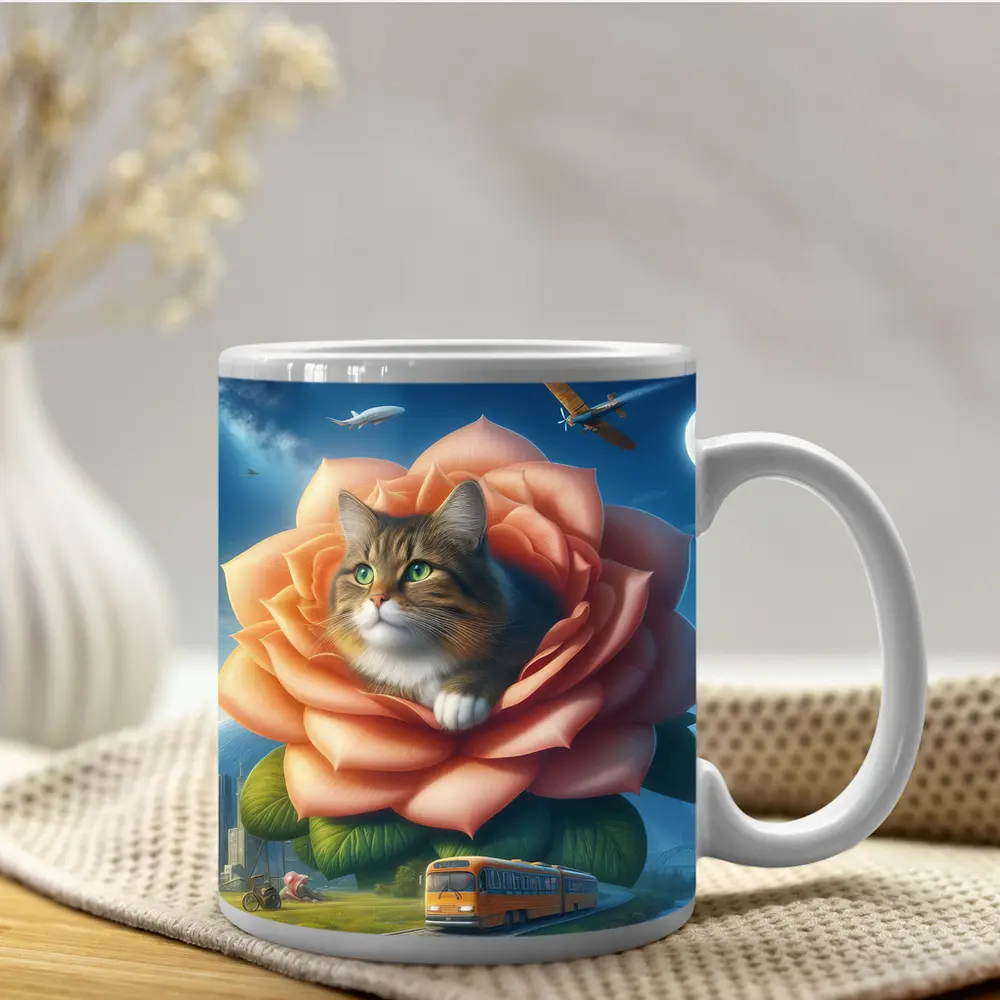 Cat Resting Inside Giant Rose Surreal Sky – Mugs