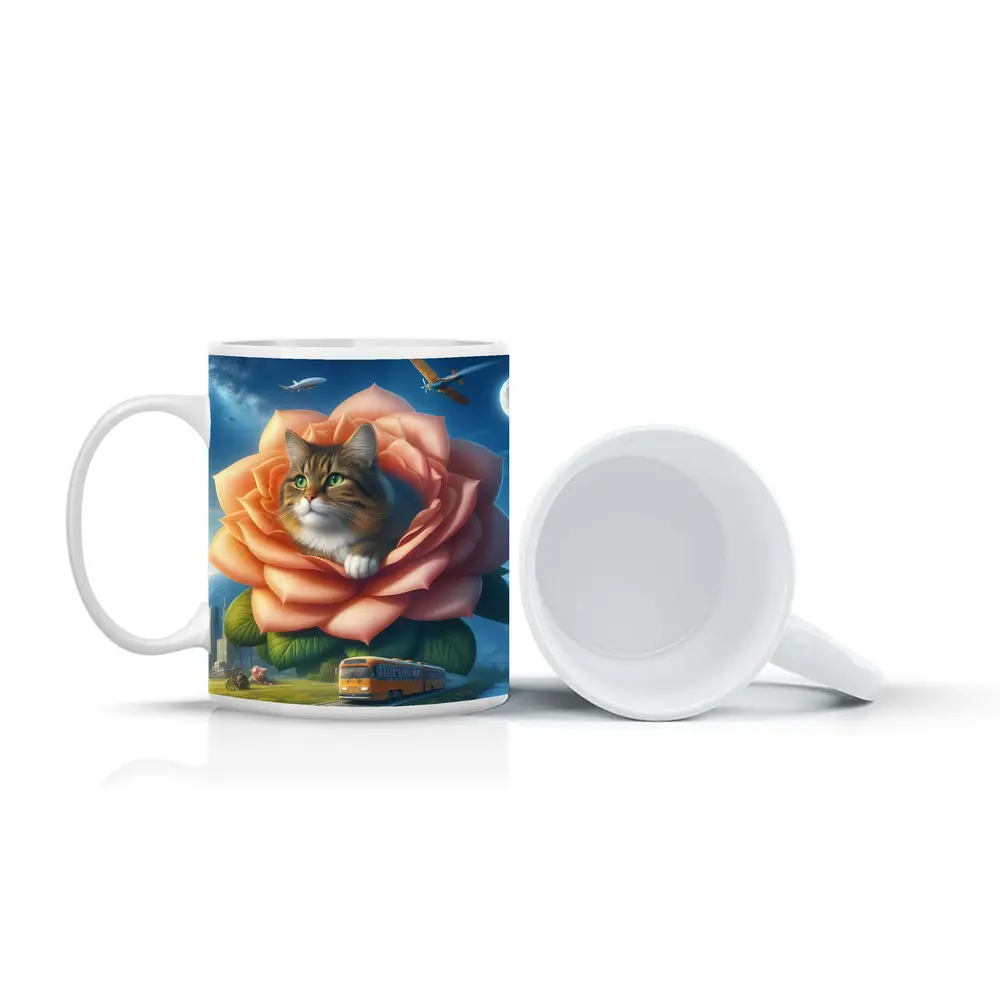 Cat Resting Inside Giant Rose Surreal Sky – Mugs