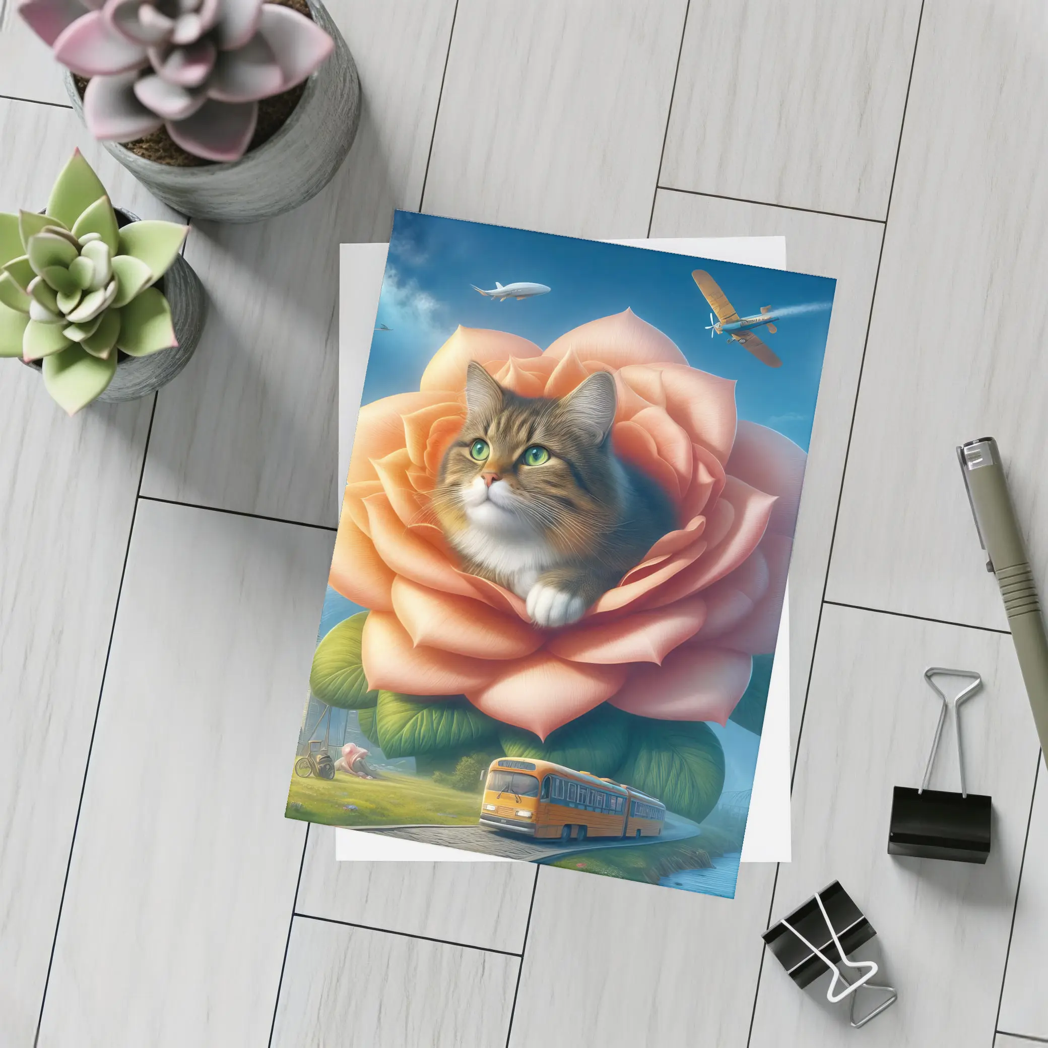 Cat Resting Inside Giant Rose Surreal Sky – Postcards