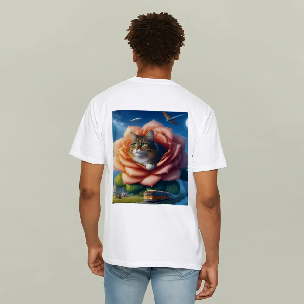 Cat Resting Inside Giant Rose Surreal Sky – T-Shirts