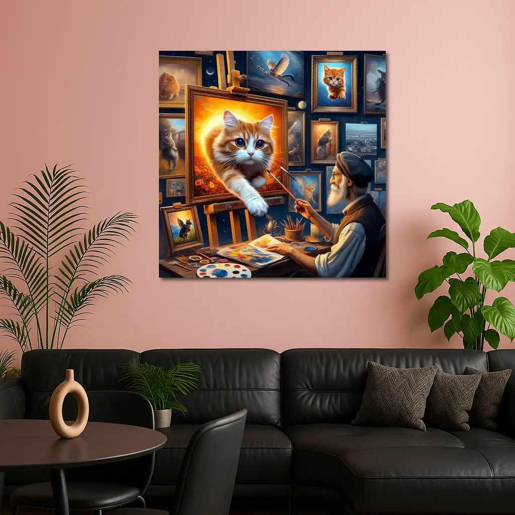 Orange Cat Leaping From Artist Studio Painting – Wall Art