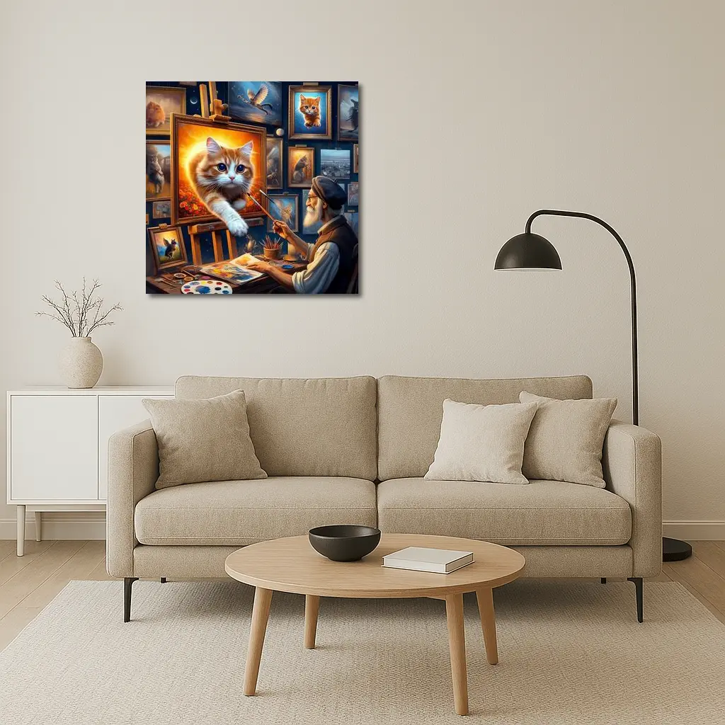 Orange Cat Leaping From Artist Studio Painting – Wall Art