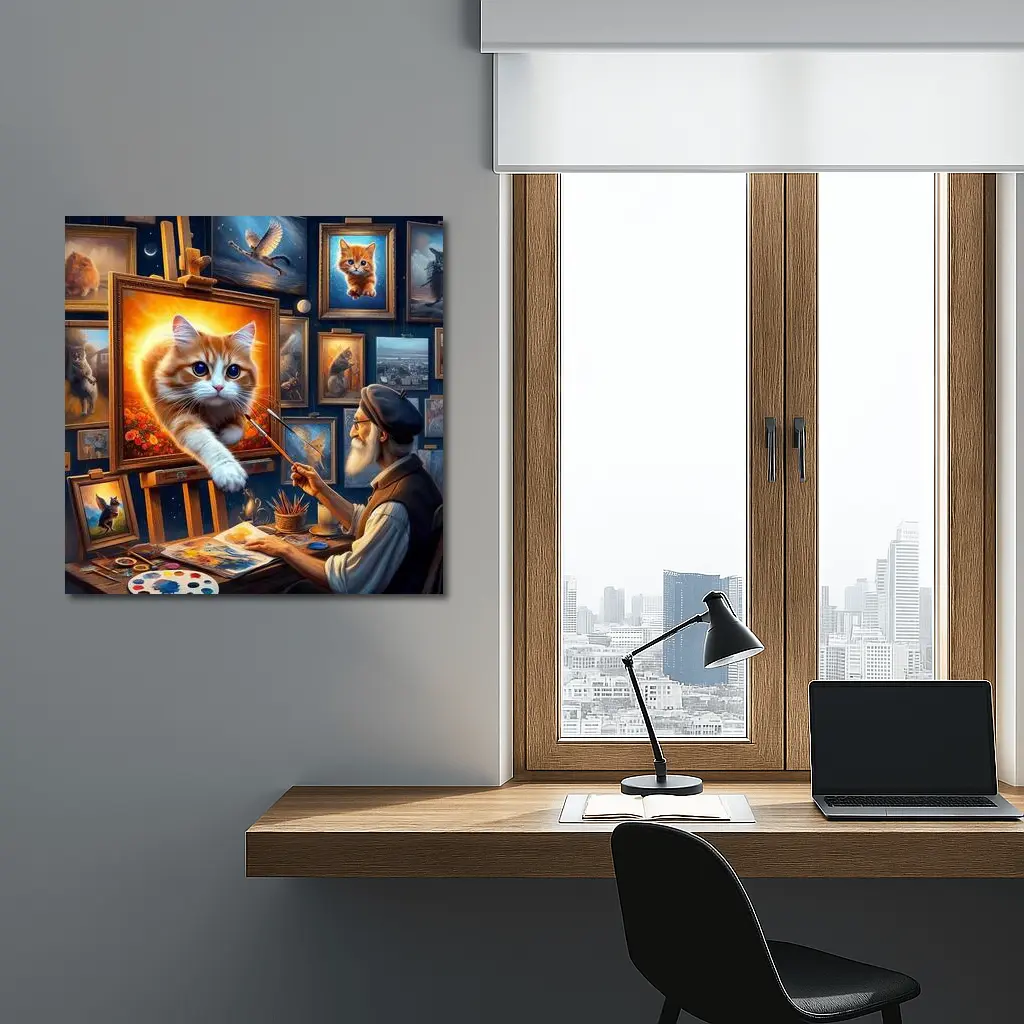 Orange Cat Leaping From Artist Studio Painting – Wall Art