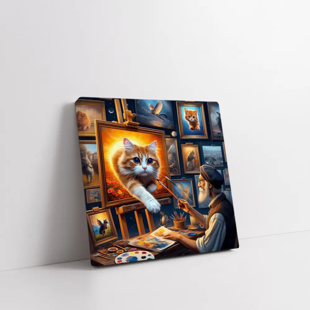 Orange Cat Leaping From Artist Studio Painting – Wall Art