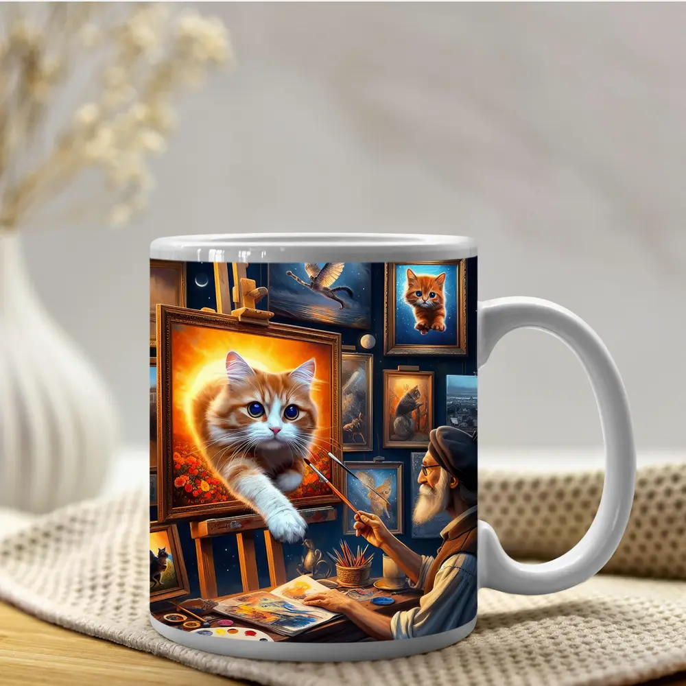 Orange Cat Leaping From Artist Studio Painting – Mugs