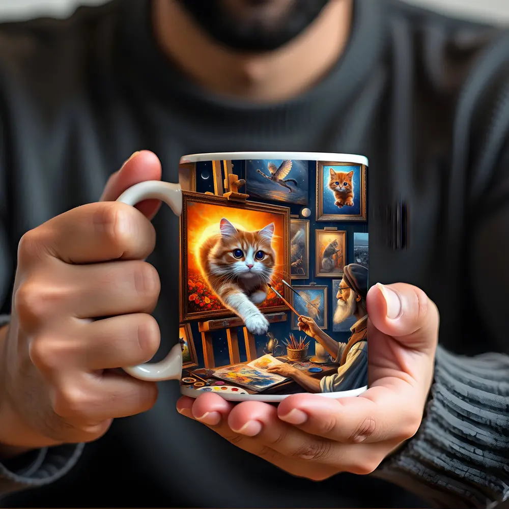 Orange Cat Leaping From Artist Studio Painting – Mugs