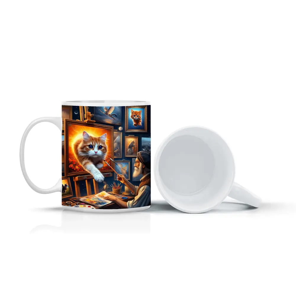 Orange Cat Leaping From Artist Studio Painting – Mugs