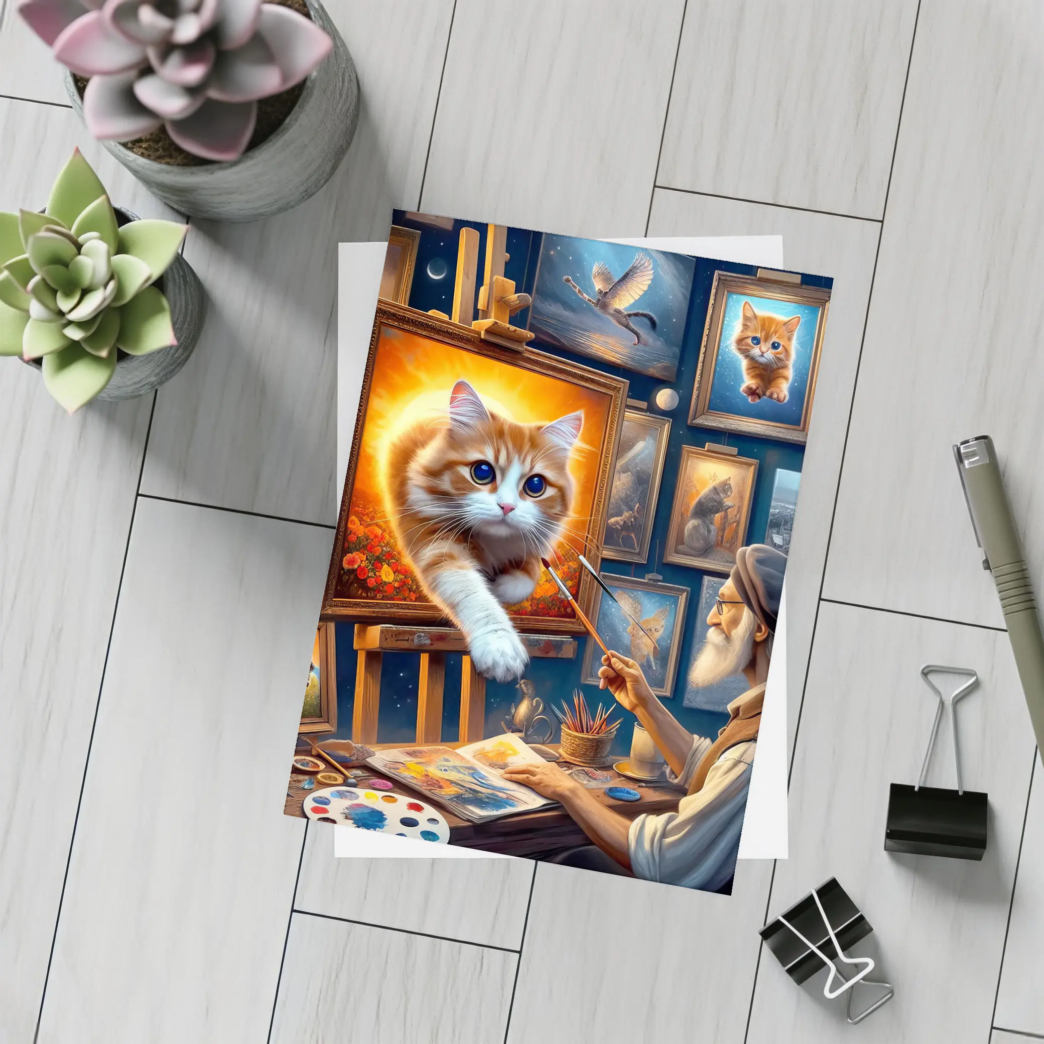 Orange Cat Leaping From Artist Studio Painting – Postcards