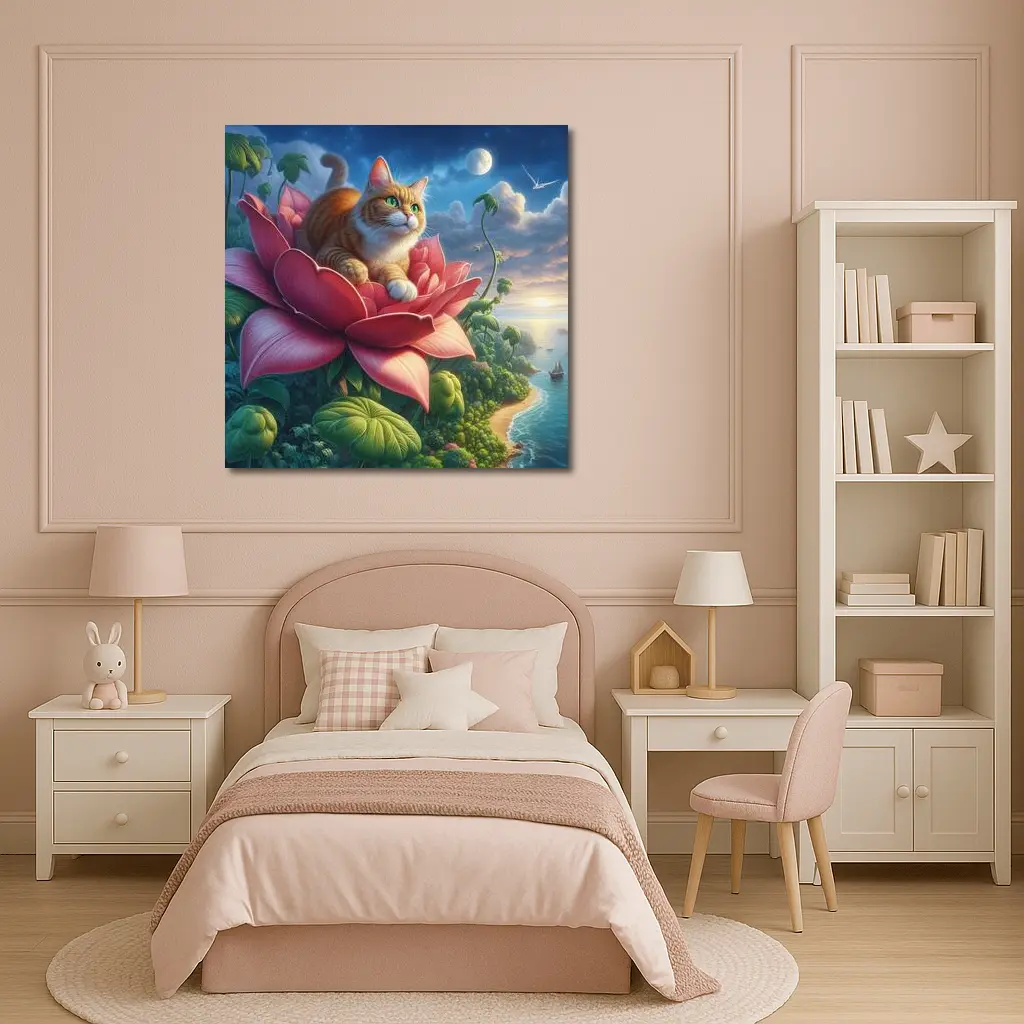 Orange Cat Resting on Giant Pink Flower – Wall Art