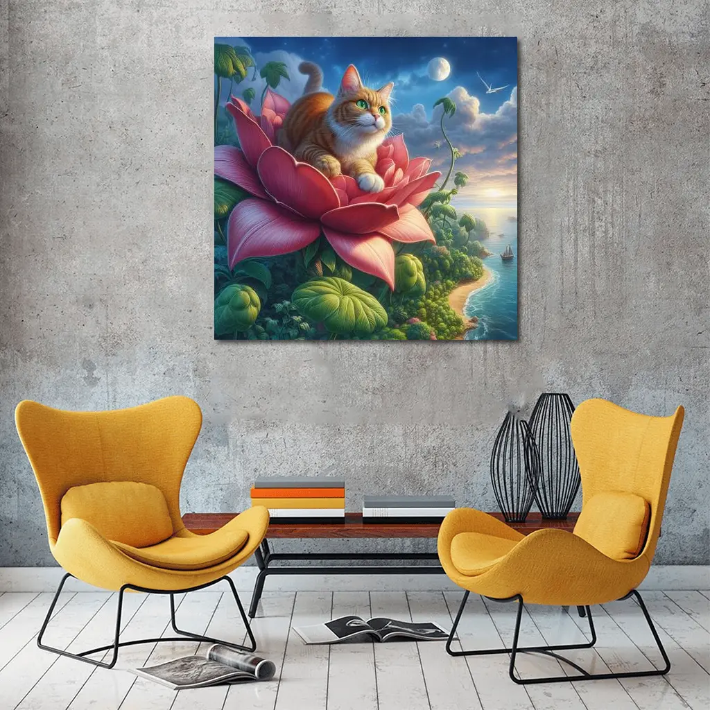 Orange Cat Resting on Giant Pink Flower – Wall Art