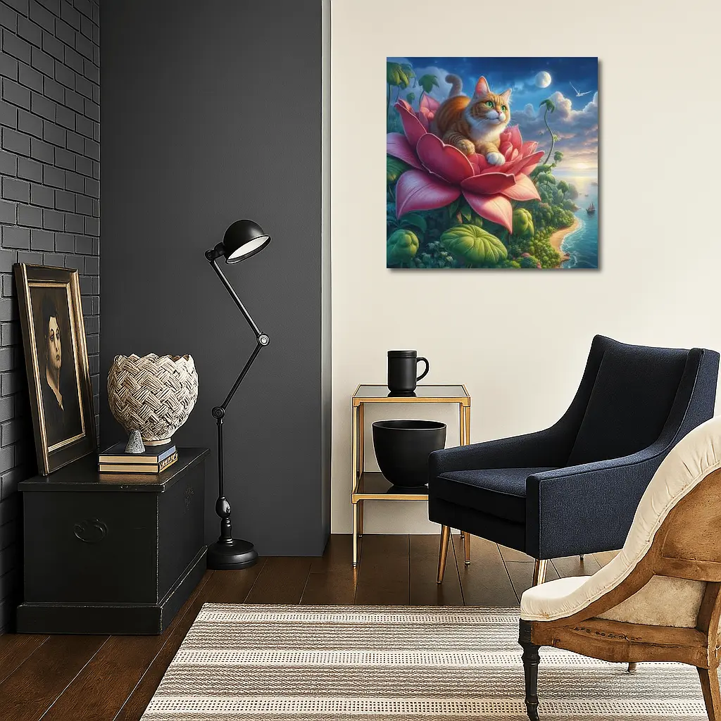 Orange Cat Resting on Giant Pink Flower – Wall Art