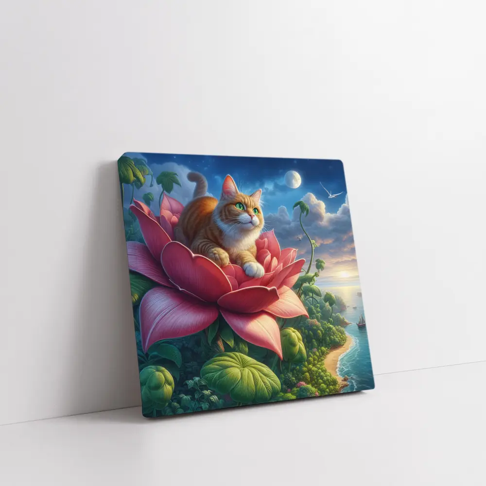 Orange Cat Resting on Giant Pink Flower – Wall Art
