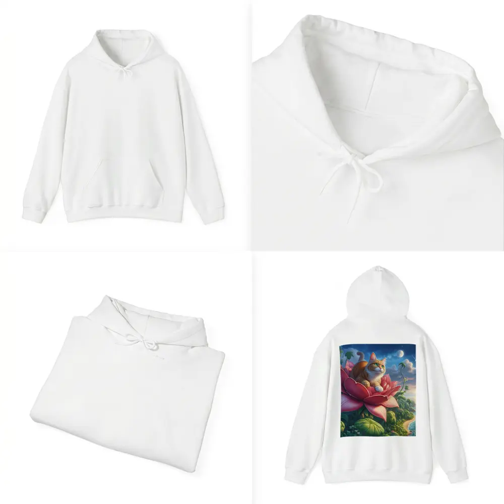 Orange Cat Resting on Giant Pink Flower – Hoodies