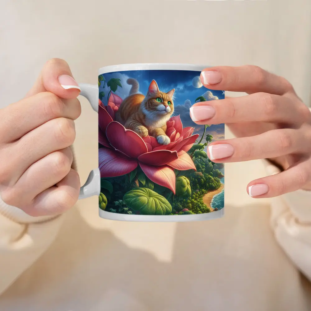Orange Cat Resting on Giant Pink Flower – Mugs