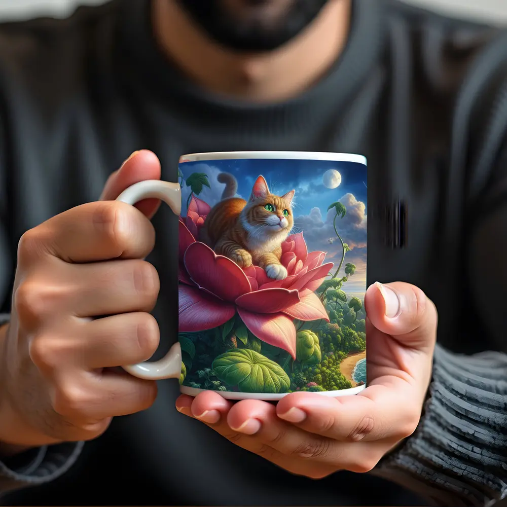 Orange Cat Resting on Giant Pink Flower – Mugs
