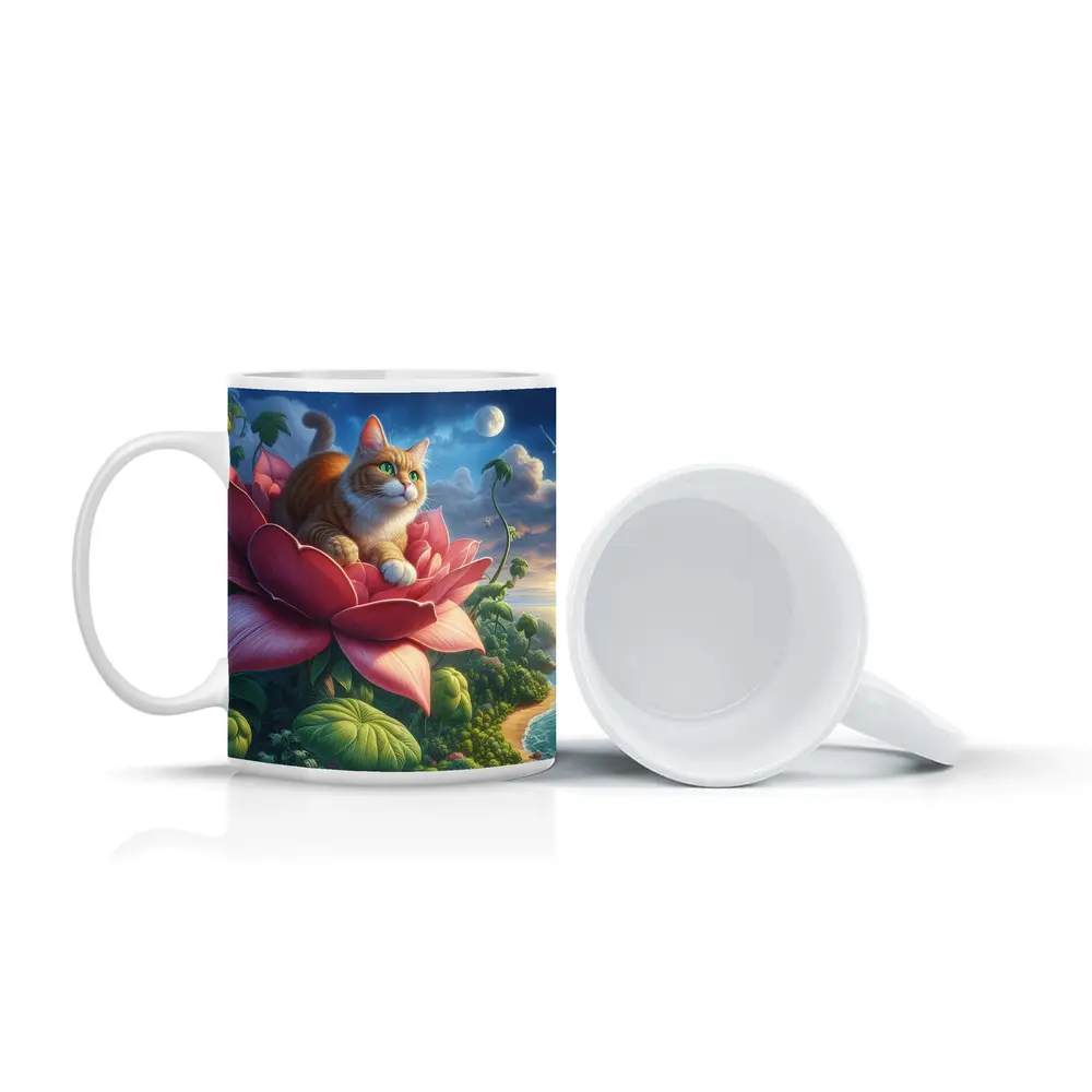 Orange Cat Resting on Giant Pink Flower – Mugs