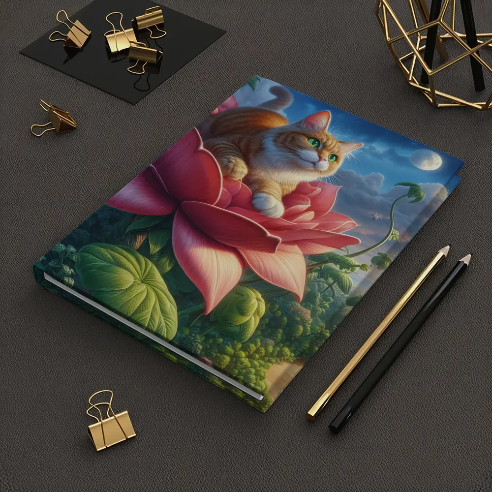 Orange Cat Resting on Giant Pink Flower – Notebooks