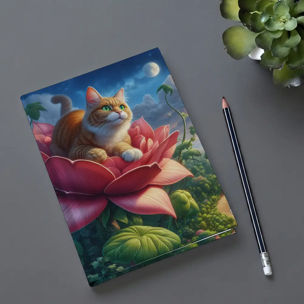 Orange Cat Resting on Giant Pink Flower – Notebooks