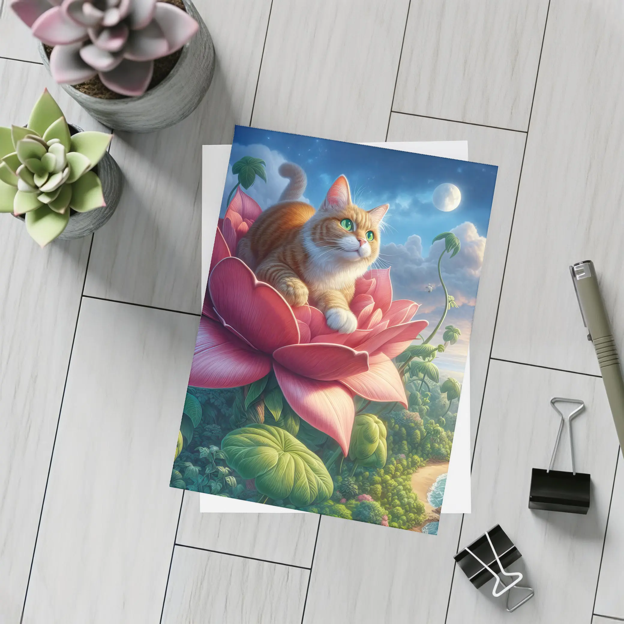 Orange Cat Resting on Giant Pink Flower – Postcards