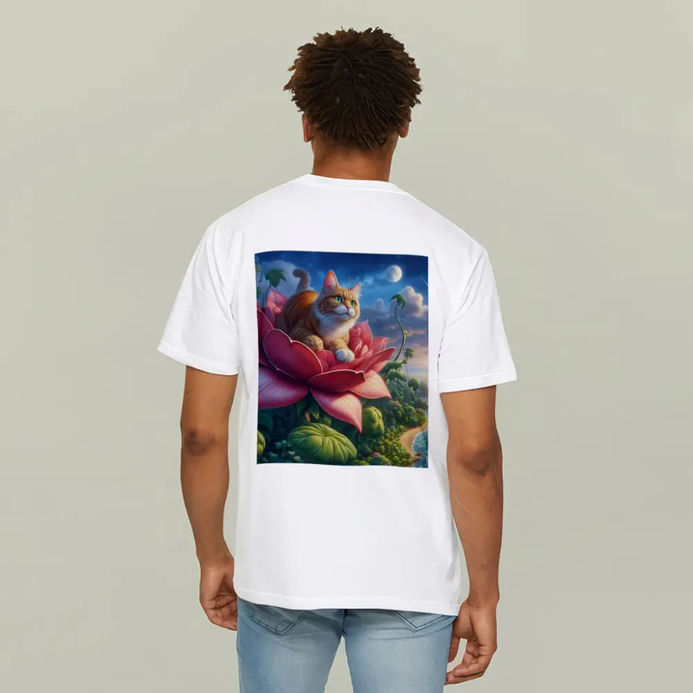 Orange Cat Resting on Giant Pink Flower – T-Shirts