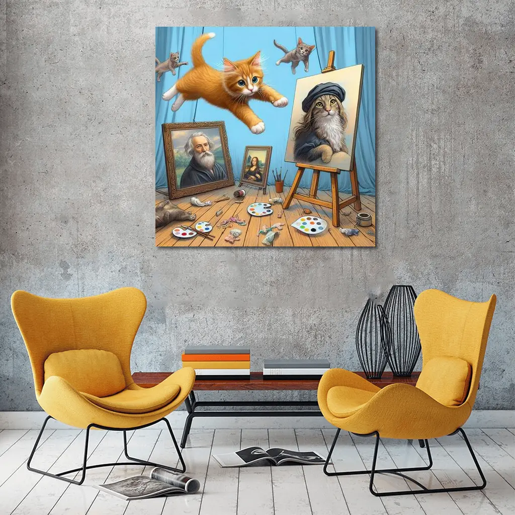 Cats Artist Studio Funny Feline Art Scene – Wall Art