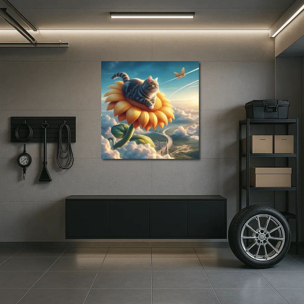 Tabby Cat Riding Sunflower Above Clouds – Wall Art