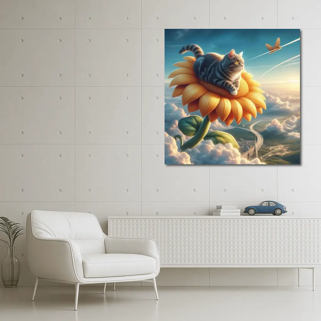 Tabby Cat Riding Sunflower Above Clouds – Wall Art