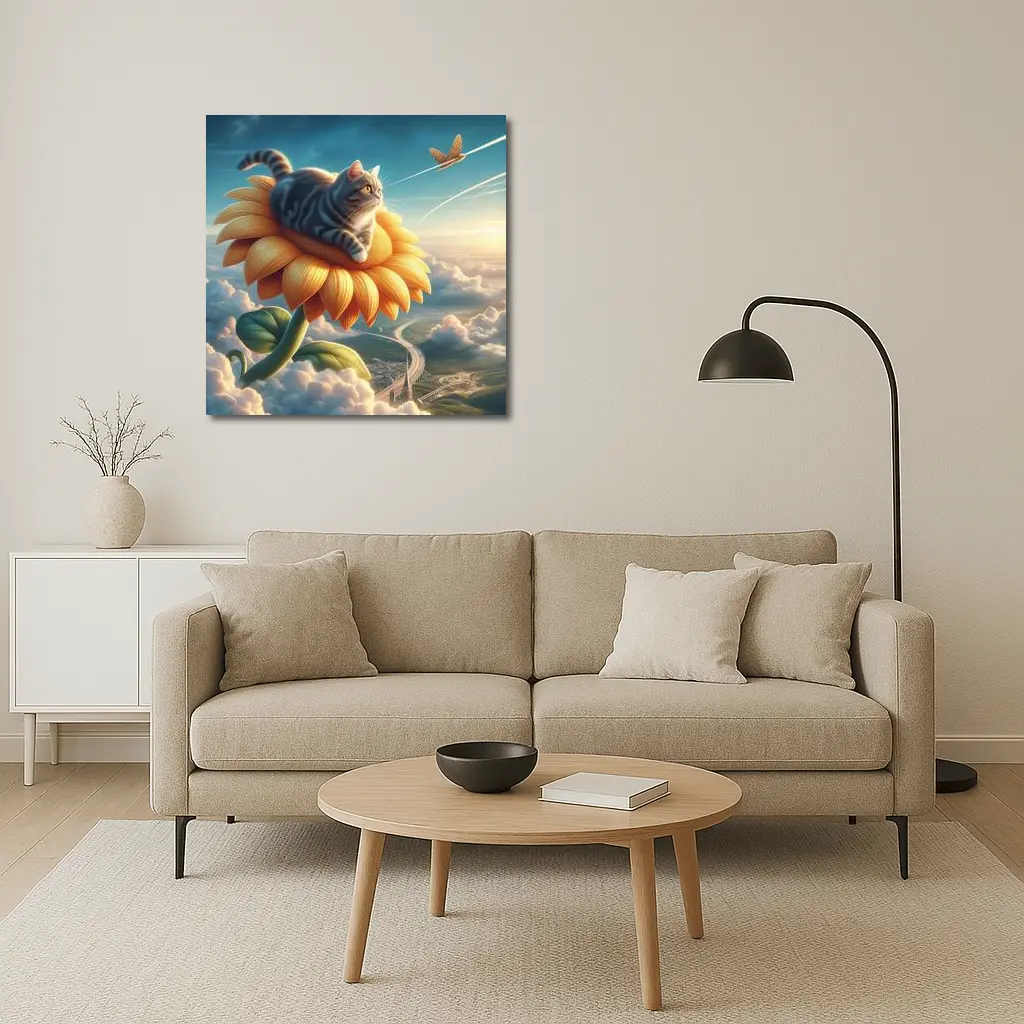 Tabby Cat Riding Sunflower Above Clouds – Wall Art