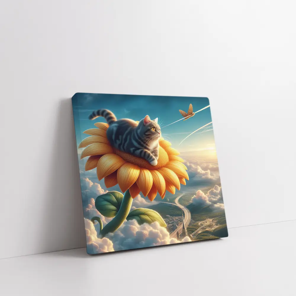Tabby Cat Riding Sunflower Above Clouds – Wall Art