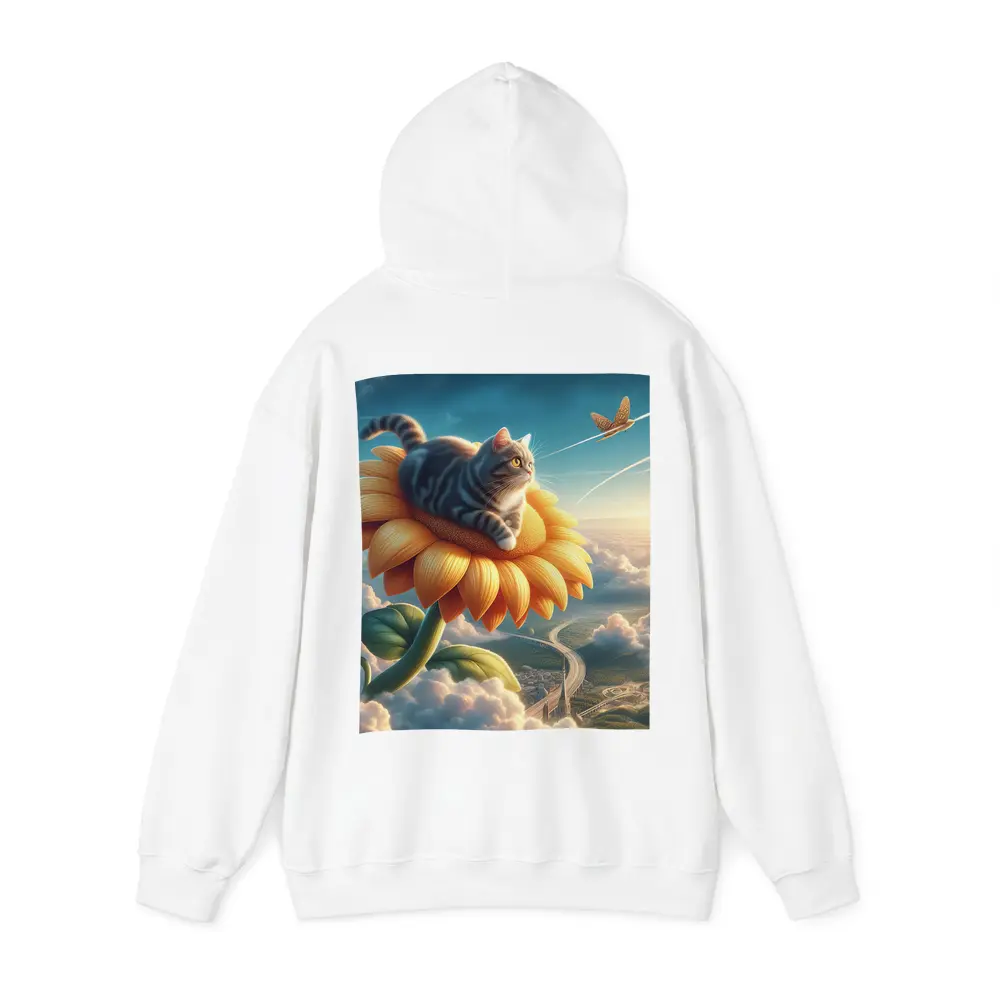 Tabby Cat Riding Sunflower Above Clouds – Hoodies