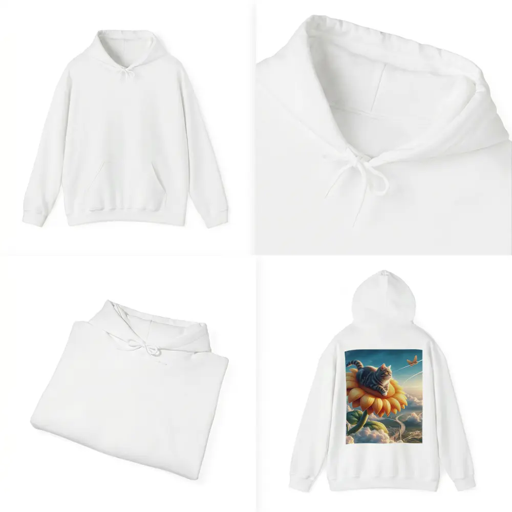Tabby Cat Riding Sunflower Above Clouds – Hoodies
