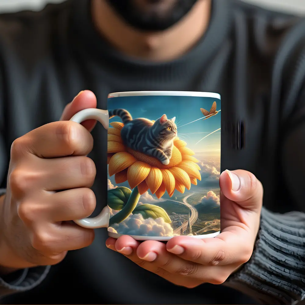 Tabby Cat Riding Sunflower Above Clouds – Mugs
