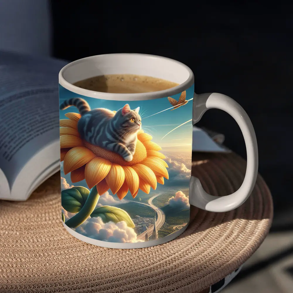 Tabby Cat Riding Sunflower Above Clouds – Mugs