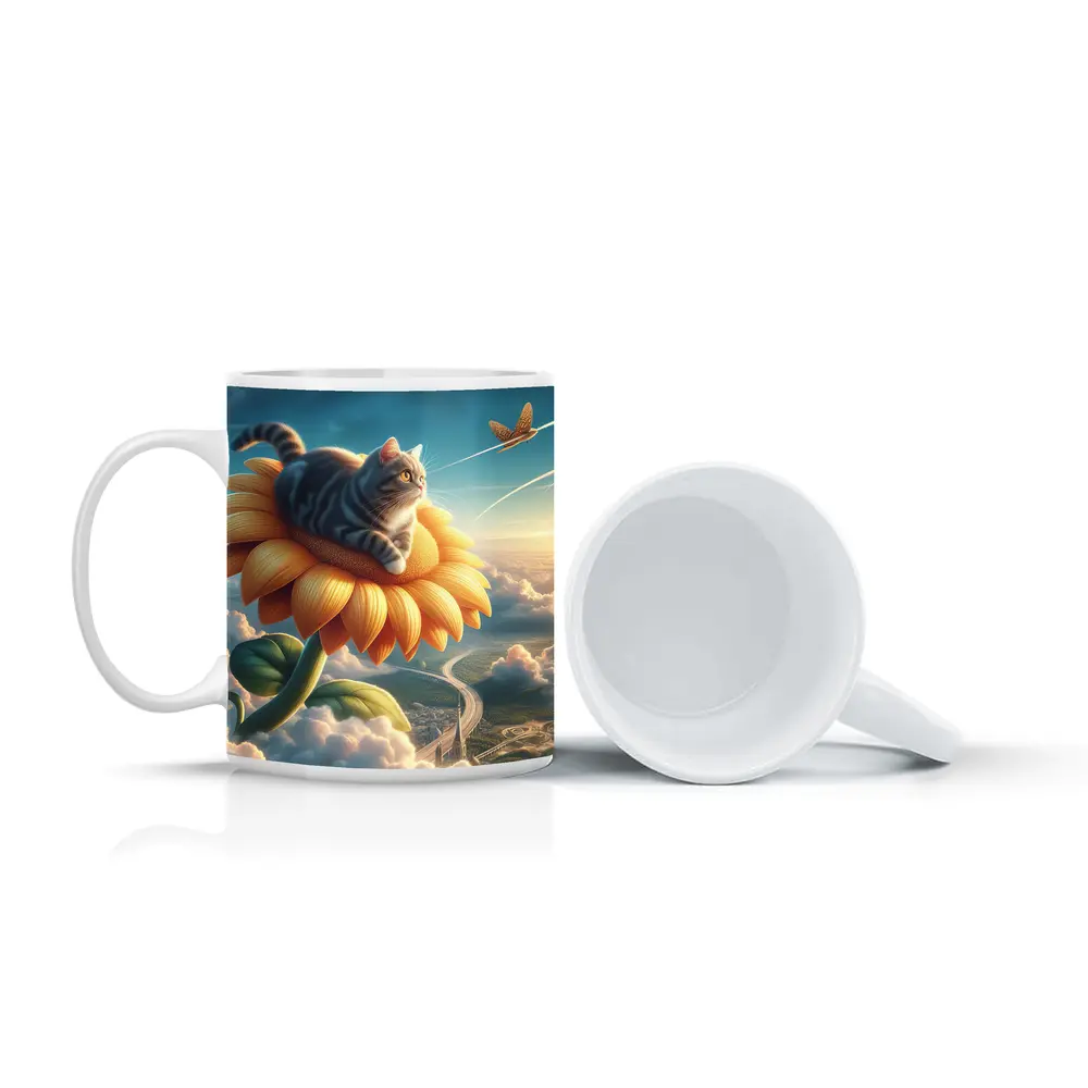 Tabby Cat Riding Sunflower Above Clouds – Mugs