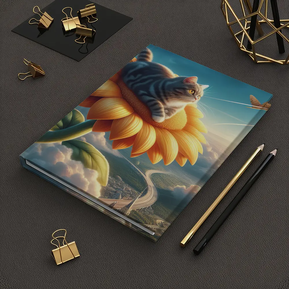 Tabby Cat Riding Sunflower Above Clouds – Notebooks