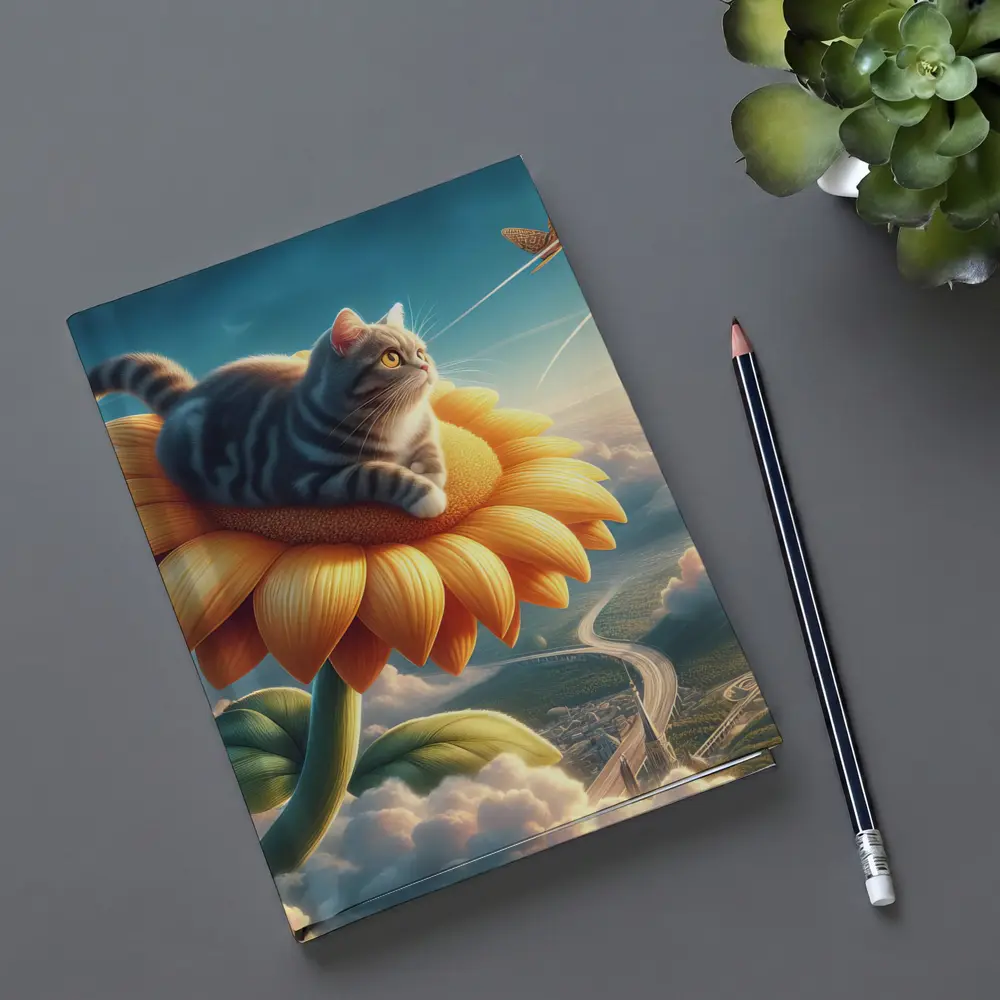 Tabby Cat Riding Sunflower Above Clouds – Notebooks