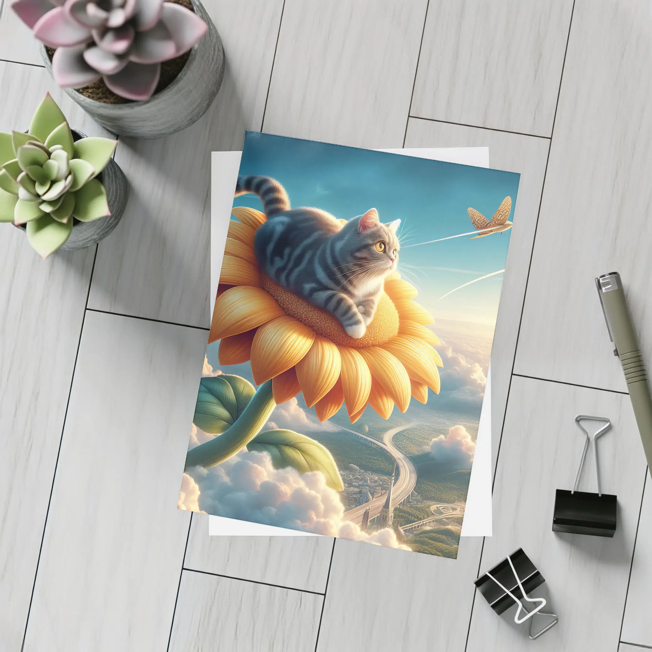 Tabby Cat Riding Sunflower Above Clouds – Postcards