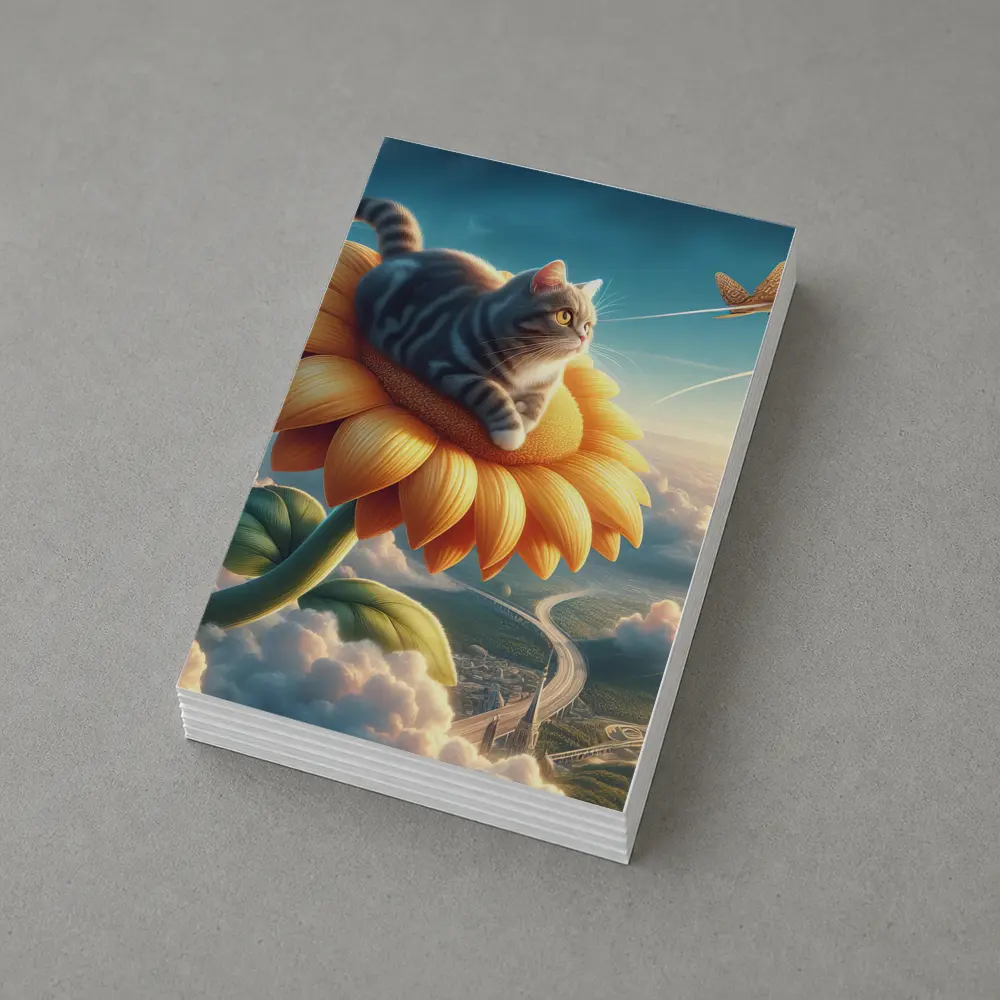 Tabby Cat Riding Sunflower Above Clouds – Postcards