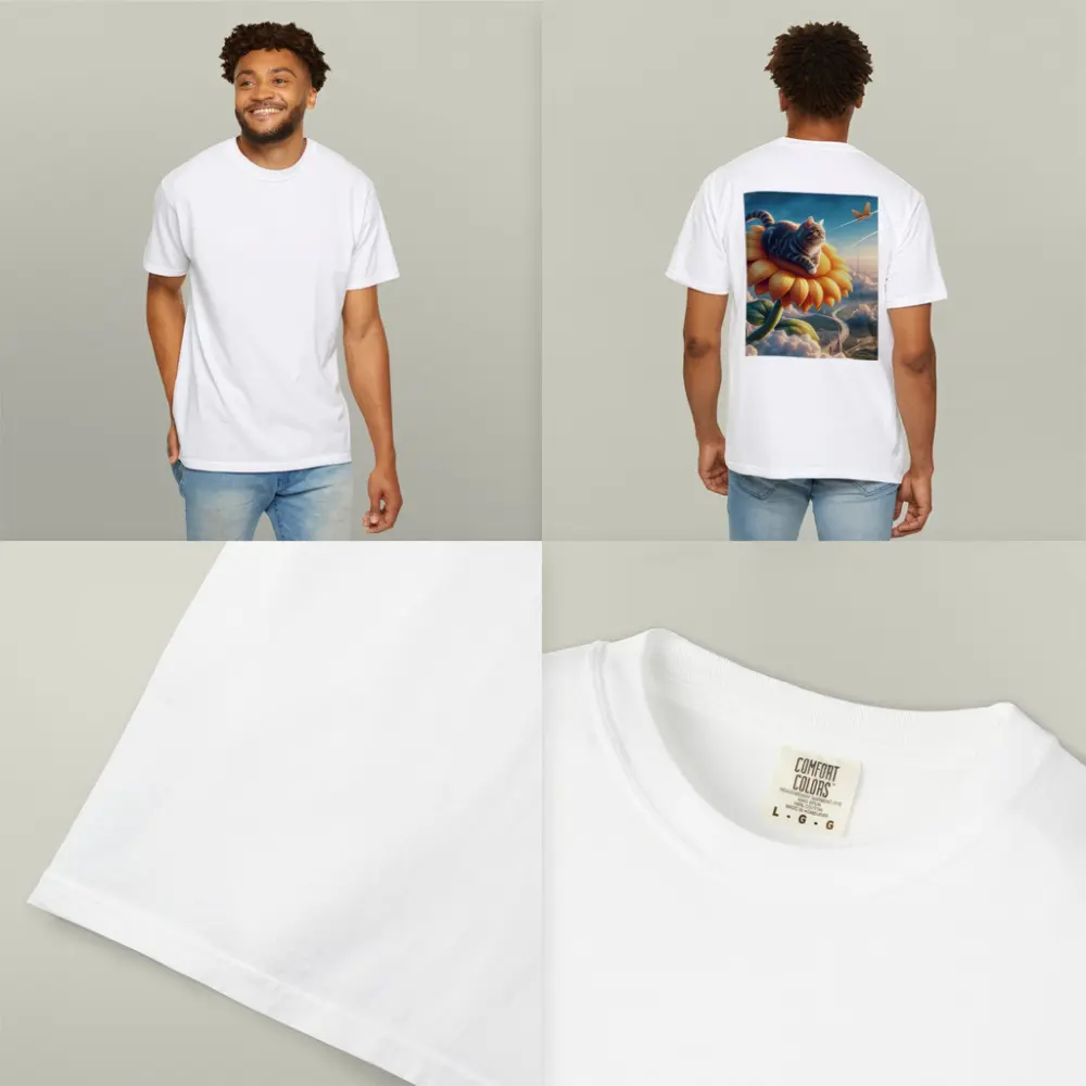 Tabby Cat Riding Sunflower Above Clouds – T-Shirts