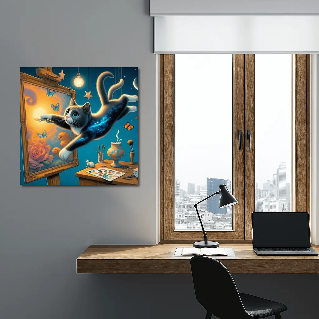 Galaxy Cat Painting at Night Studio – Wall Art