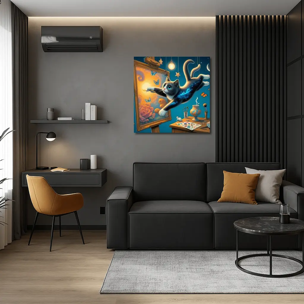 Galaxy Cat Painting at Night Studio – Wall Art