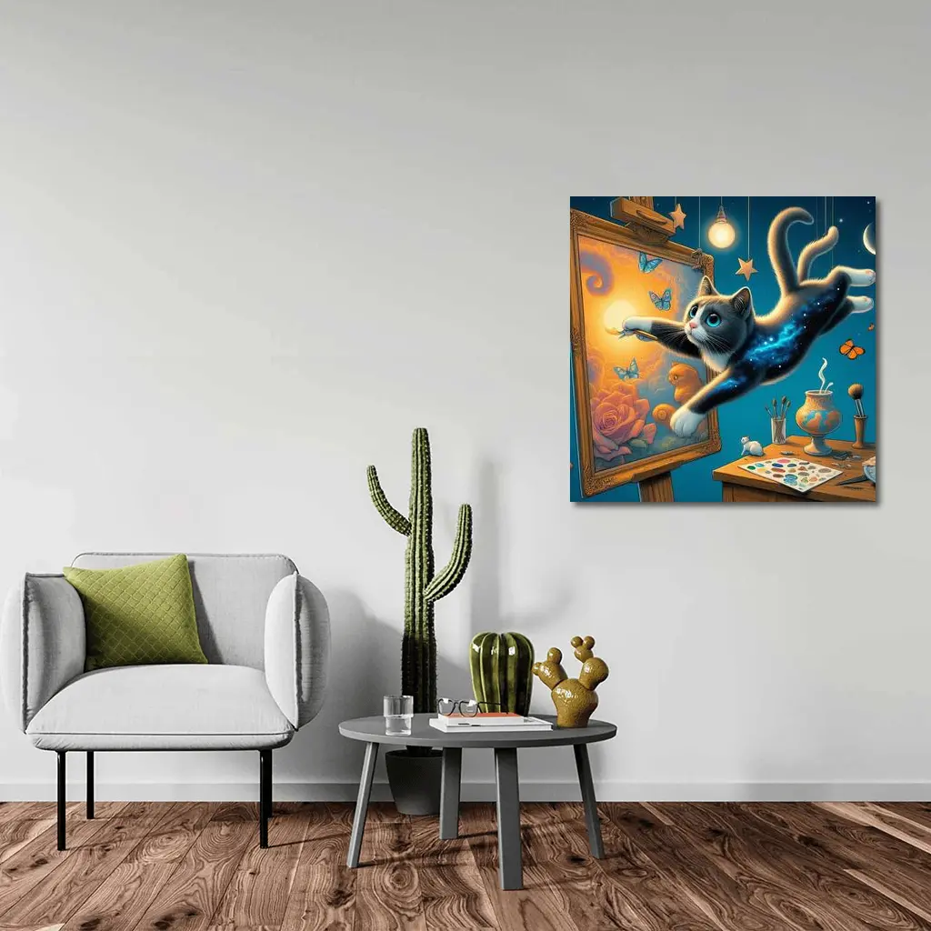 Galaxy Cat Painting at Night Studio – Wall Art