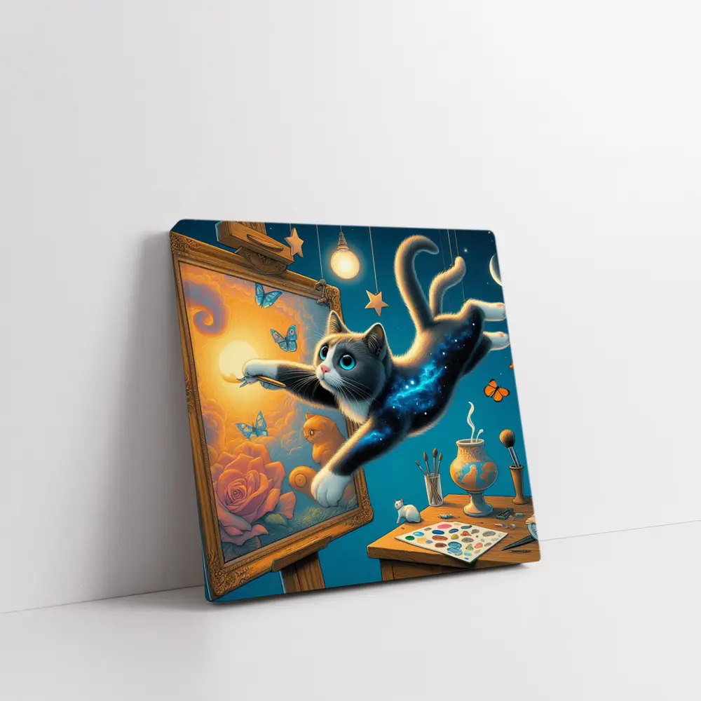 Galaxy Cat Painting at Night Studio – Wall Art