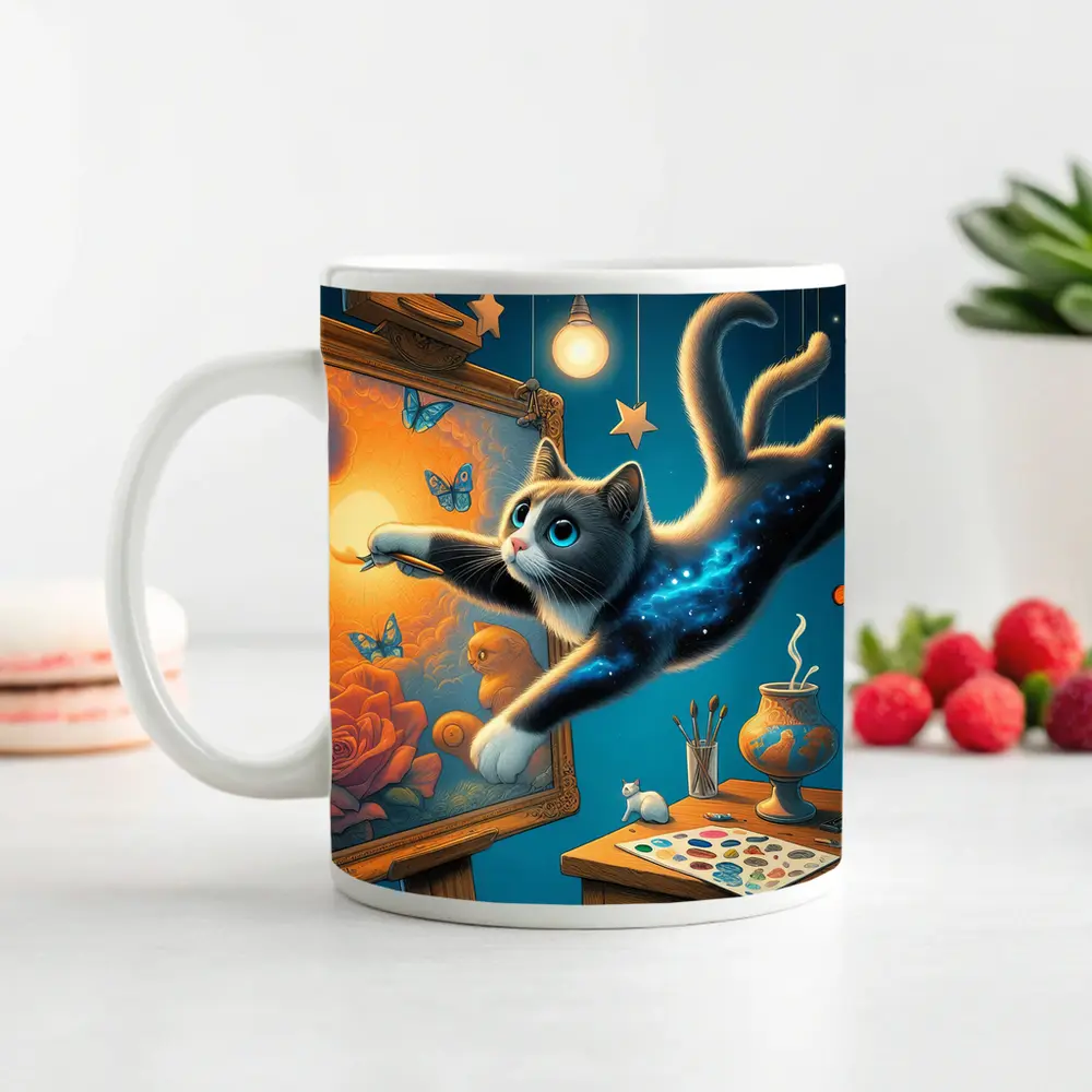 Galaxy Cat Painting at Night Studio – Mugs