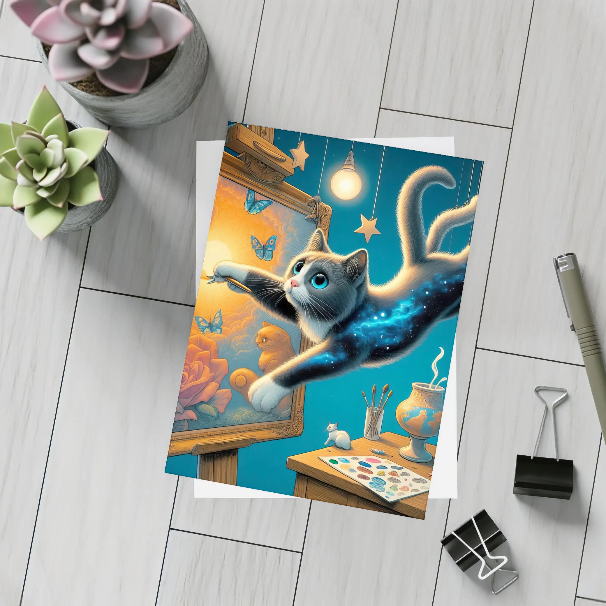Galaxy Cat Painting at Night Studio – Postcards