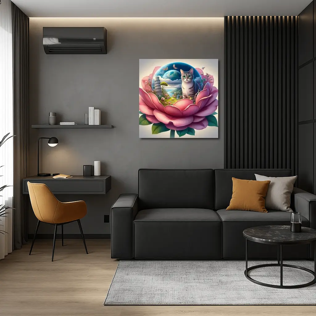 Gray Cat Sitting Inside Giant Pink Peony – Wall Art