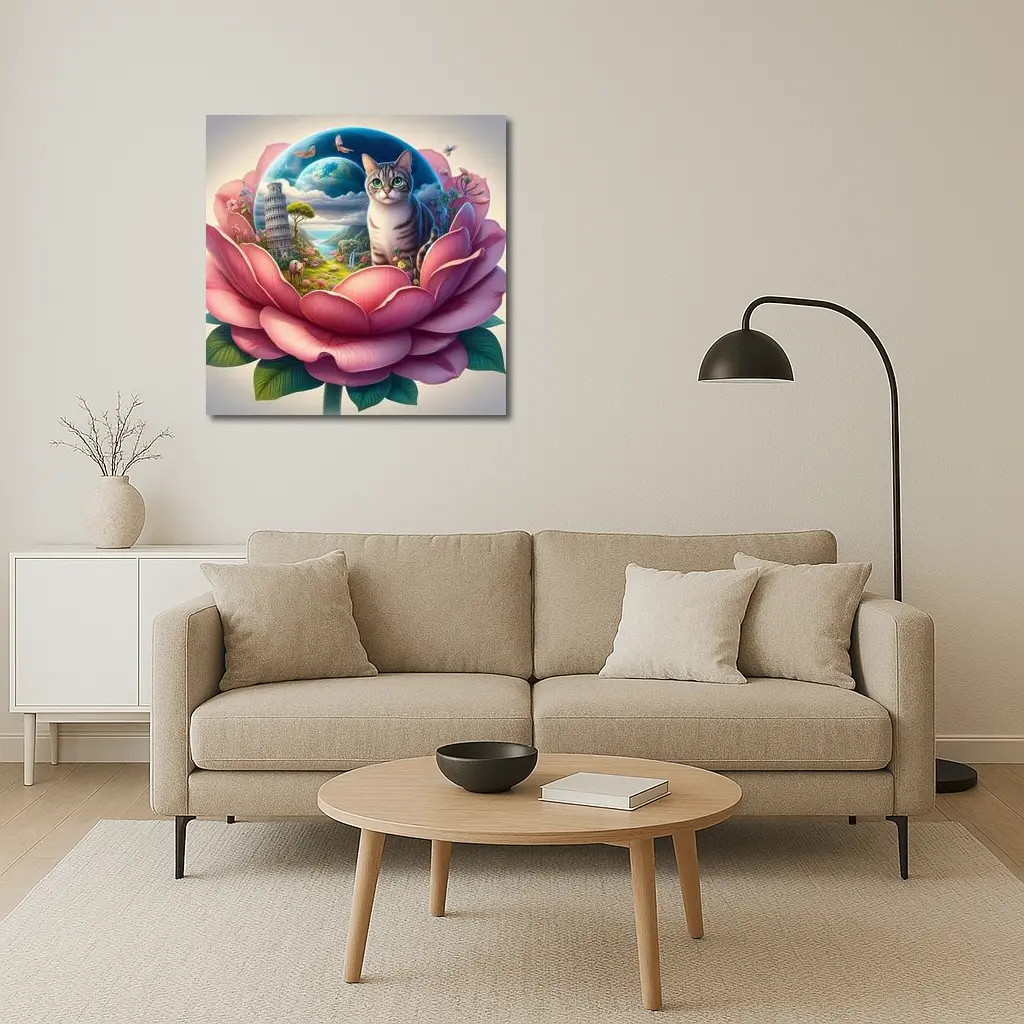 Gray Cat Sitting Inside Giant Pink Peony – Wall Art