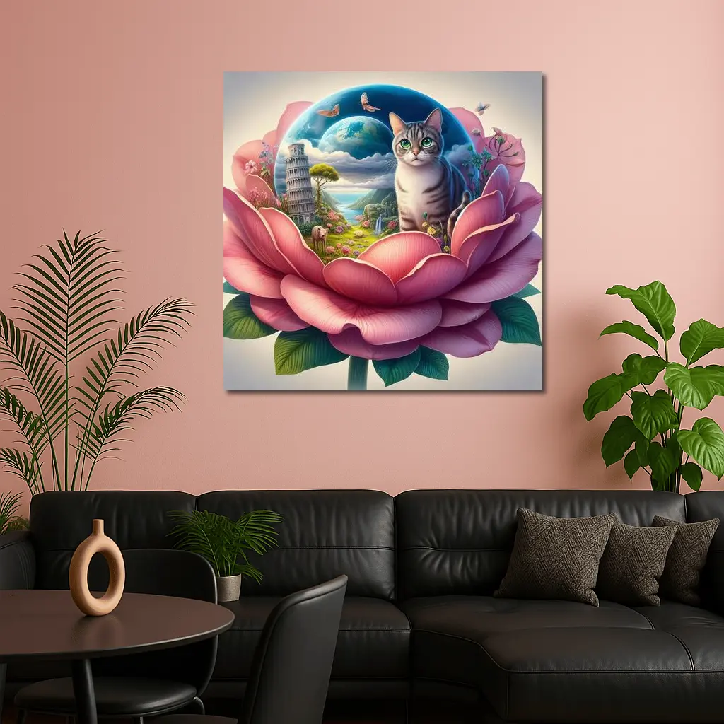 Gray Cat Sitting Inside Giant Pink Peony – Wall Art